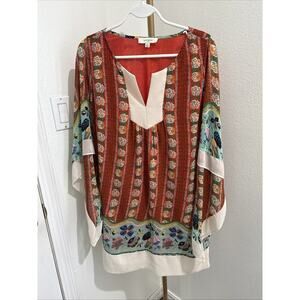 Umgee Boho Chic Mismatch Multicolor Floral Bell‎ Sleeve Flirty Mini Dress Medium